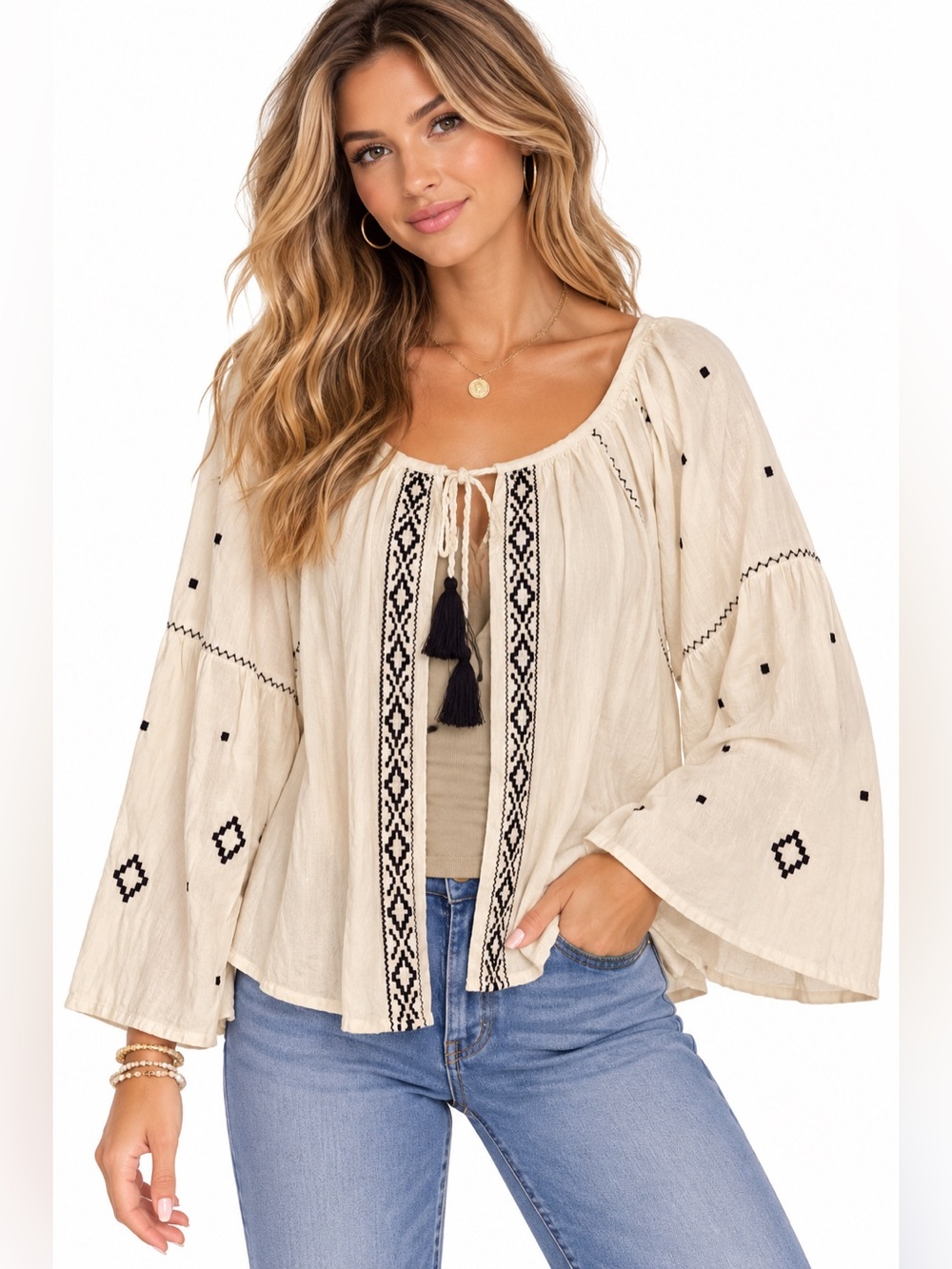 NWT World Market Linen L/XL Boho Embroidered Tassel Peasant Open Blouse Cream